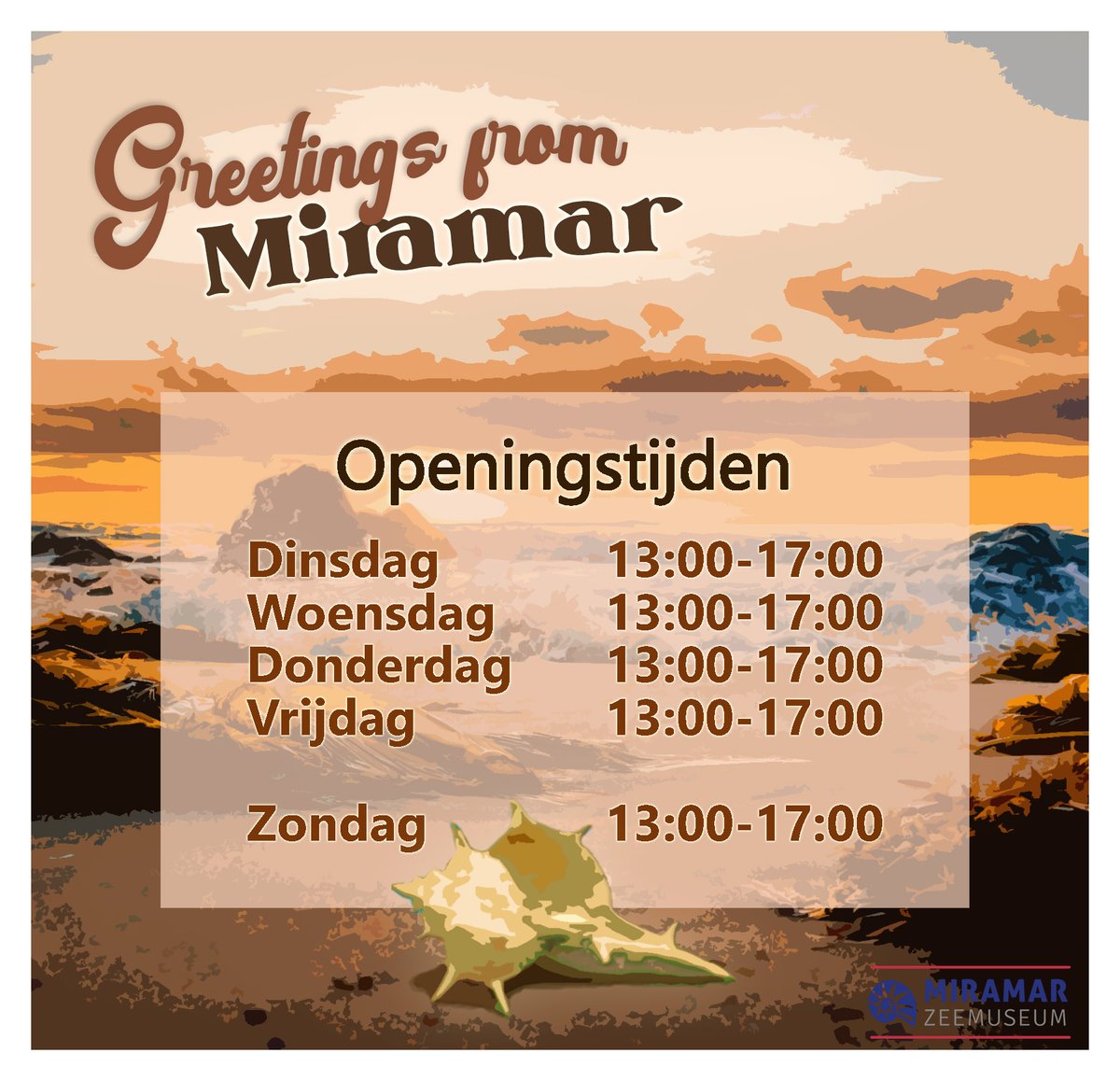 Nu de zomervakantie (helaas) in heel het land voorbij is, gaan wij doordeweeks ook weer later open. 
Dinsdag t/m vrijdag en zondag is Miramar geopend van 13:00 tot 17:00.

Ook is dit het laatste jaar dat wij de Plasticsoep expositie hebben. Nog te zien t/m 30 oktober 2022.