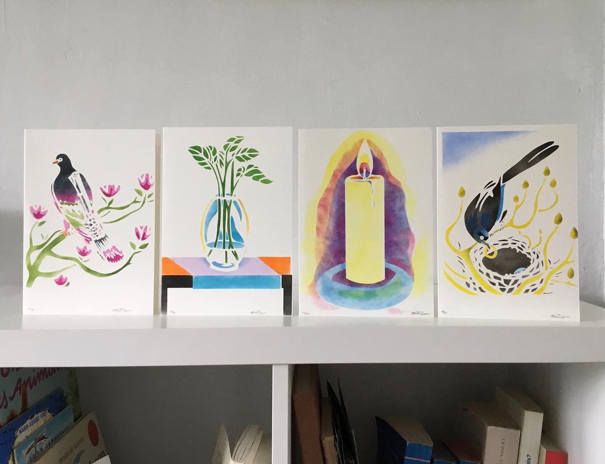 Stencil hand painted works added to my Etsy shop 
etsy.com/shop/RainbowsB…

#pochoirprint #pochoircards #stencil #cards #vase #magpie #mailpigeon #candle #decoration #interiordecoration #etsy #prints 
#printmaking