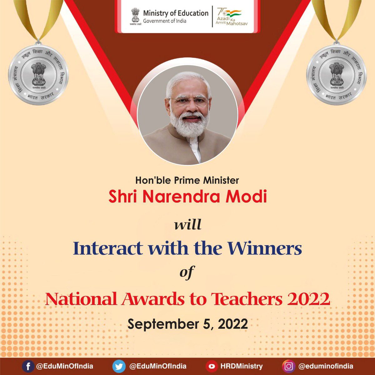 Ministry of Education (@eduminofindia) on Twitter photo #OurTeachersOurPride: Tomorrow, the Hon’ble PM Shri <a href="/narendramodi/">Narendra Modi</a> will interact with the winners of National Awards to Teachers 2022. Stay tuned!
#NAT2022 #OurTeachersOurPride: Tomorrow, the Hon’ble PM Shri <a href="/narendramodi/">Narendra Modi</a> will interact with the winners of National Awards to Teachers 2022. Stay tuned!
#NAT2022