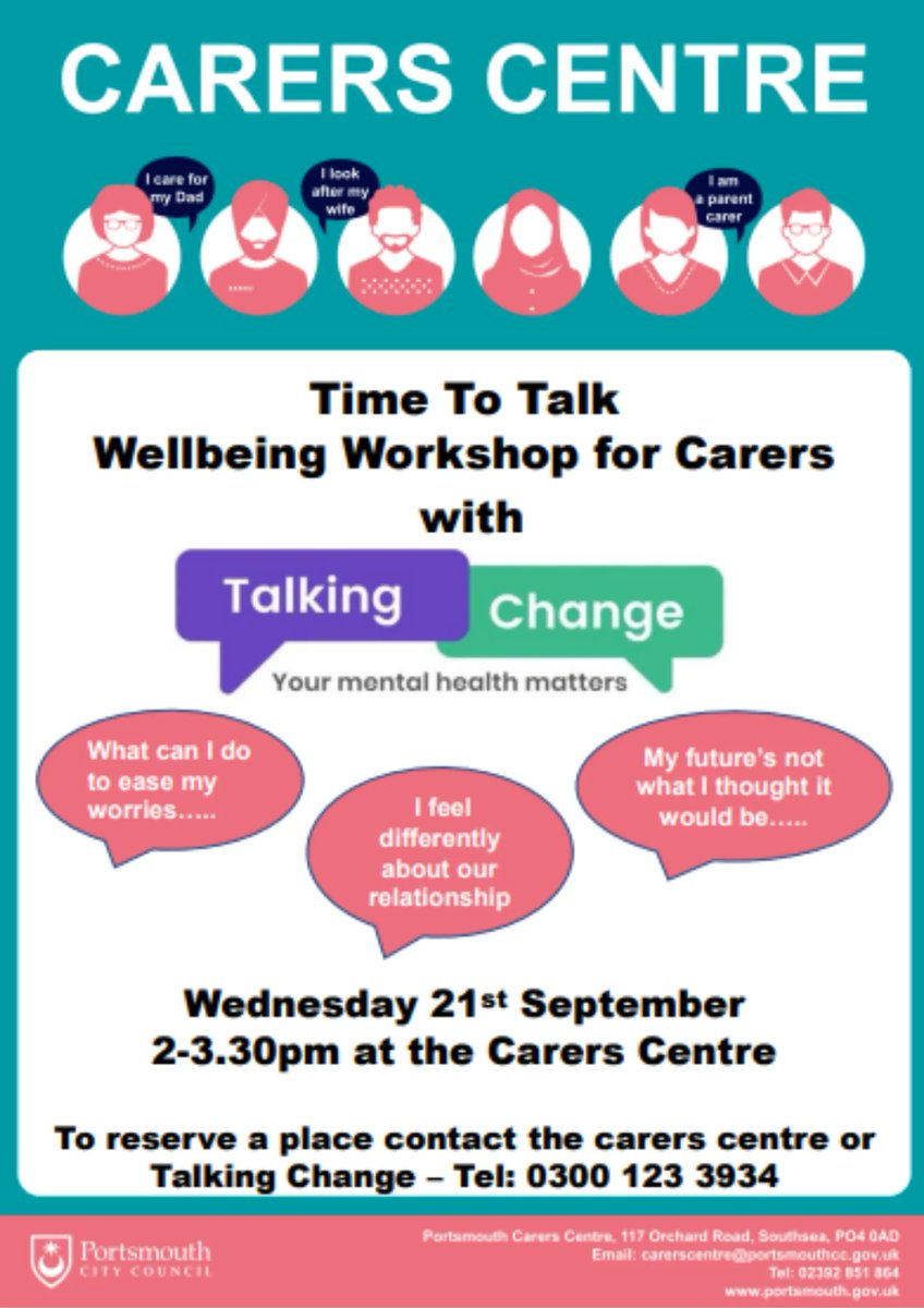 SolentNHSTrust's tweet photo. Time to talk! Calling all carers to join us on Wednesday 21 September 2-2.30pm at the Carers Centre for a wellbeing workshop. Contact the Carers Centre or Talking Change to reserve your place - details are listed below. https://t.co/44g4YlF7Vh