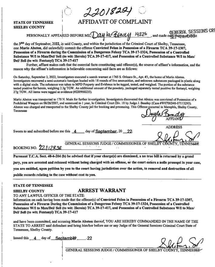 On 9/3, LE executed a search warrant  at #MarioAbston's  house and recovered a loaded semi-automatic handgun with 18 live rounds of ammo, heroin, and fentanyl.  #ElizaFletcher