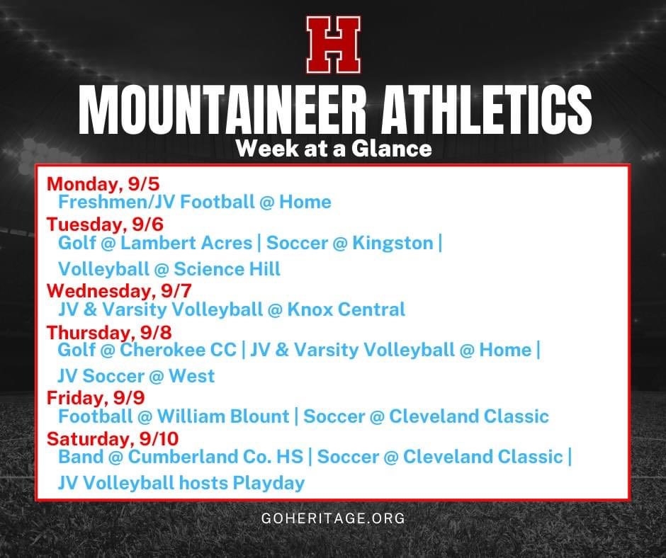 HHSMountaineers's tweet photo. School may be out on Monday (9/5), but we have a full week of action in #HHSathletics.
HHS Football #HHSgirlssoccer #HHSgolf #HHSvolleyball #MarchingMountaineers #HHScheer #HHScrosscountry https://t.co/5sWhC8efmu