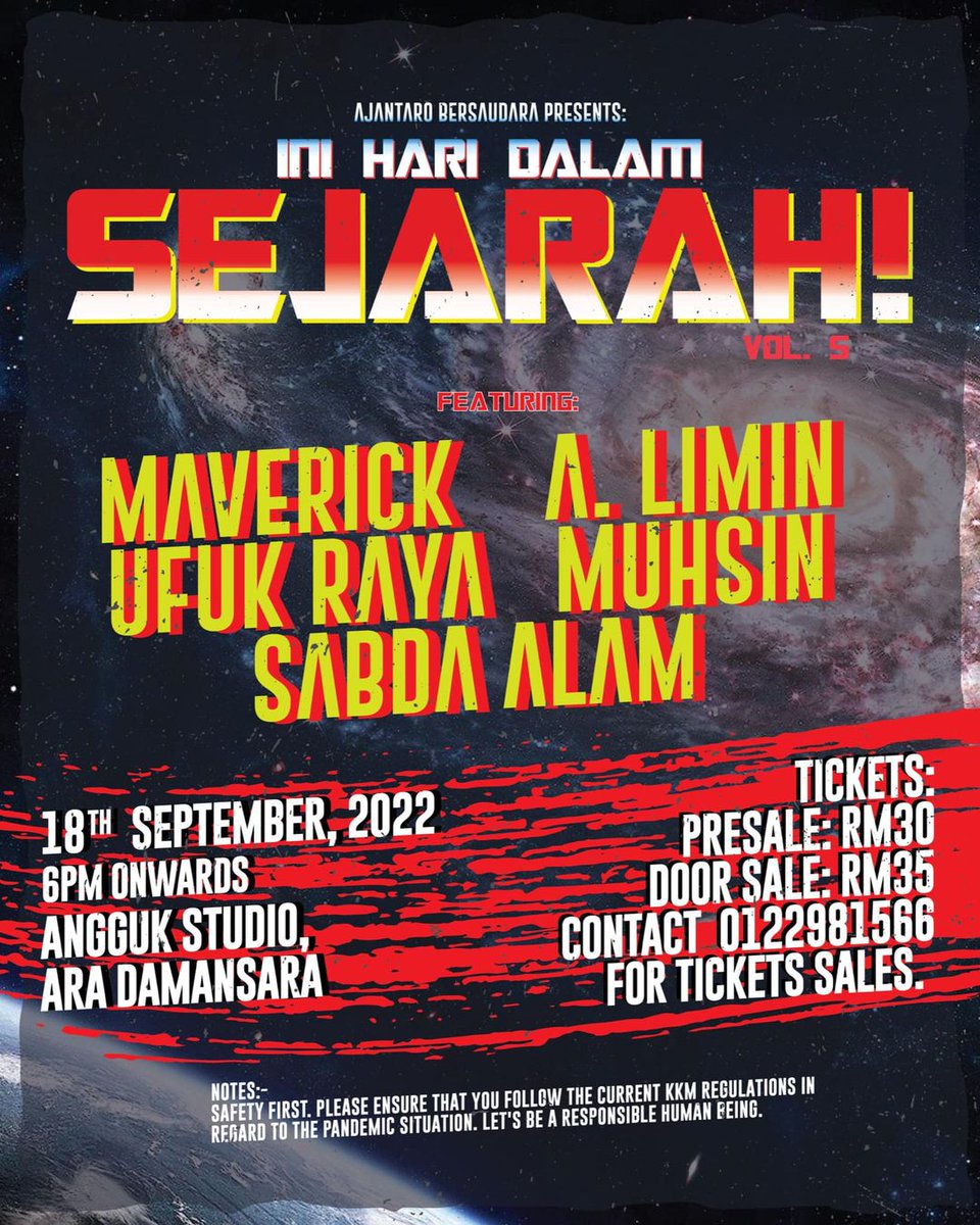 Jenn_Thompson's tweet photo. #ONGROUND LIVE : INI HARI DALAM SEJARAH Vol.5
ft. @MVRCKMY @ALiminOfficial #UfukRaya @muhsinband #SabdaAlam
at AnggukStudio #AraDamansara #PJ #SELANGOR
SUNDAY September18 6pm
TICKETS : +6012.298.1566 or at the door https://t.co/cXa74MwXaC