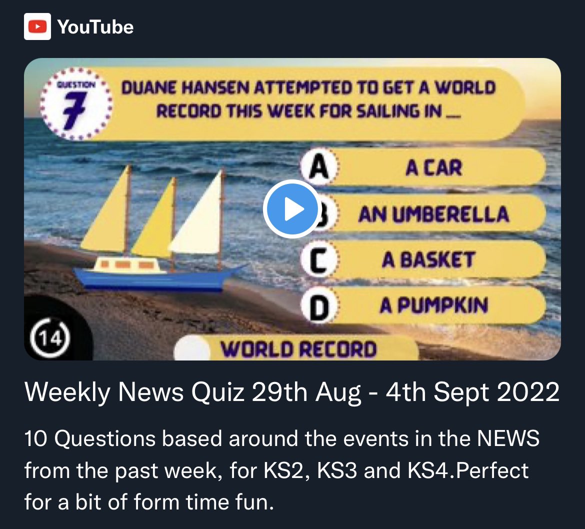 FREE Weekly News Quiz for Ks3 students!

29th Aug - 4th sept

Enjoy with your form!

youtu.be/uwF2Kj8LKHY

#teacher #education #freequiz #teacherlife #teacherchat