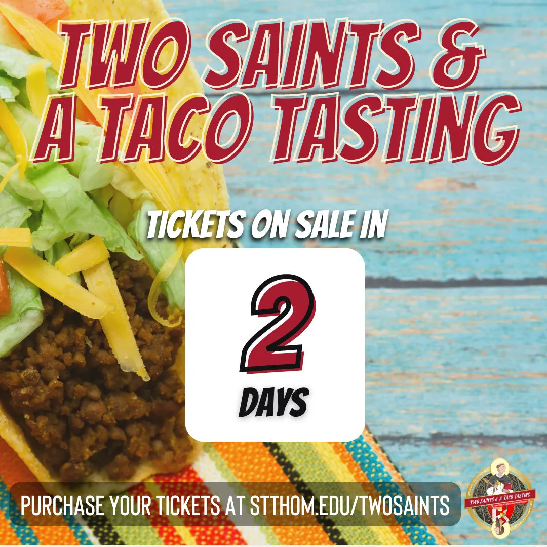 UST_AlumniHTX's tweet photo. Have you heard?? Only two days until tickets go on sale for Two Saints and a Taco Tasting! Make sure you grab yours on September 6! 🌮🌮
#TwoSaints #TwoSaintsandaTacoTasting #USTAlumni #Tacos #Beer #scholarships https://t.co/tFWWbHQwXa