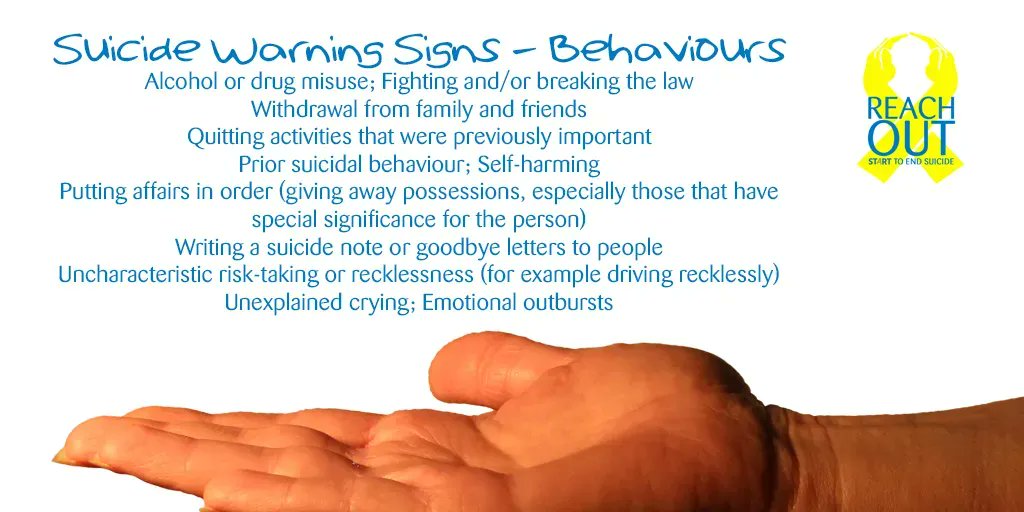 Behaviours to look out for as warning signs, it could save a life. REACH OUT; Start to End Suicide #suicideprevention #reachoutstes