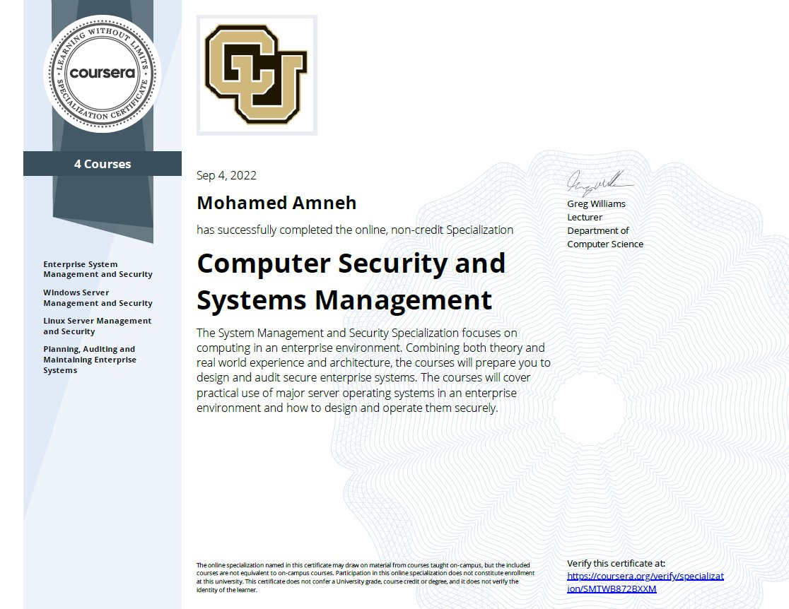 mohamedamneh1's tweet photo. Successfully completed "Computer Security and Systems Management Specialization" offered by @Coursera from @CUSystem
#Coursera #Subnetwork #Cybersecurity #EnterpriseSystem #Linux #computersecurity #management #mamneh8 https://t.co/8cAd284mMt