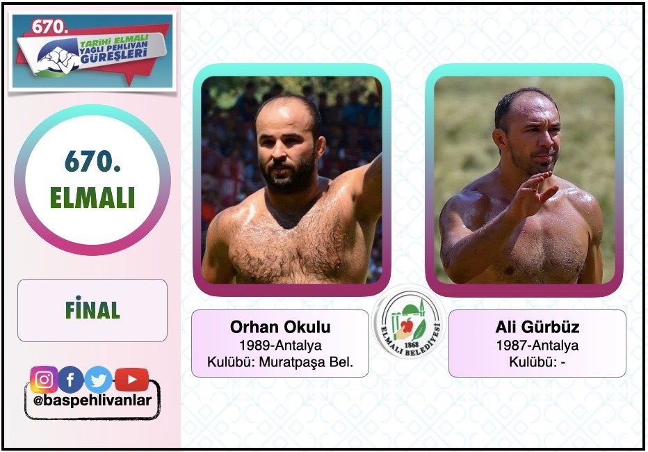 ✅ 670. #ELMALI YAĞLI GÜREŞLERİ ❗ (03-04.09.2022) 📣
🔔 FİNAL
Ali Gürbüz - Orhan Okulu
-Ali ile Orhan bu sene 7 kez karşılaşmış. Orhan 5-2 önde. (Bu güreşlerin bazılarında Ali sakatlanarak bırakmıştı)