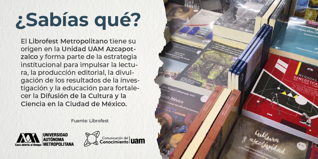 ConocimientoUAM's tweet photo. 🔍📚El Librofest Metropolitano se origina en la UAM Azcapotzalco como estrategia para impulsar la lectura y la educación.

#UAM #SoyUAM #ConocimientoUAM #Librofest #LibrosUAM
@UAM_Lerma @UAMAzcOficial @UAM_Iztapalapa @uamxoficial @uamcuajimalpa @Yo_SoyUAM @LibrofestMetro https://t.co/4rrA9VwRQu