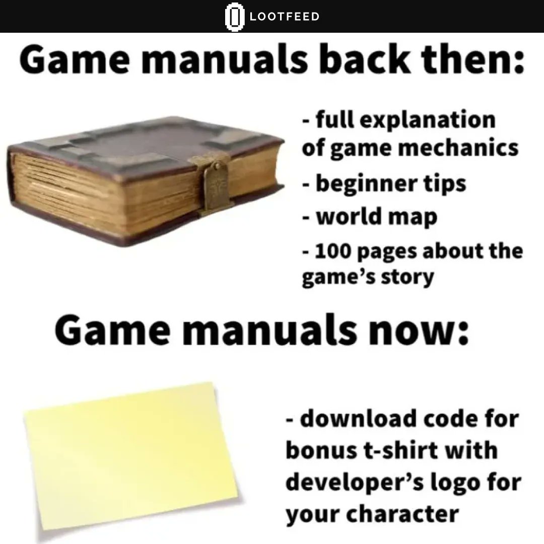 lootfeed's tweet photo. Game manuals then vs now  #game #manual #gamers #retrogames #RETROGAMING https://t.co/04RhspXHos