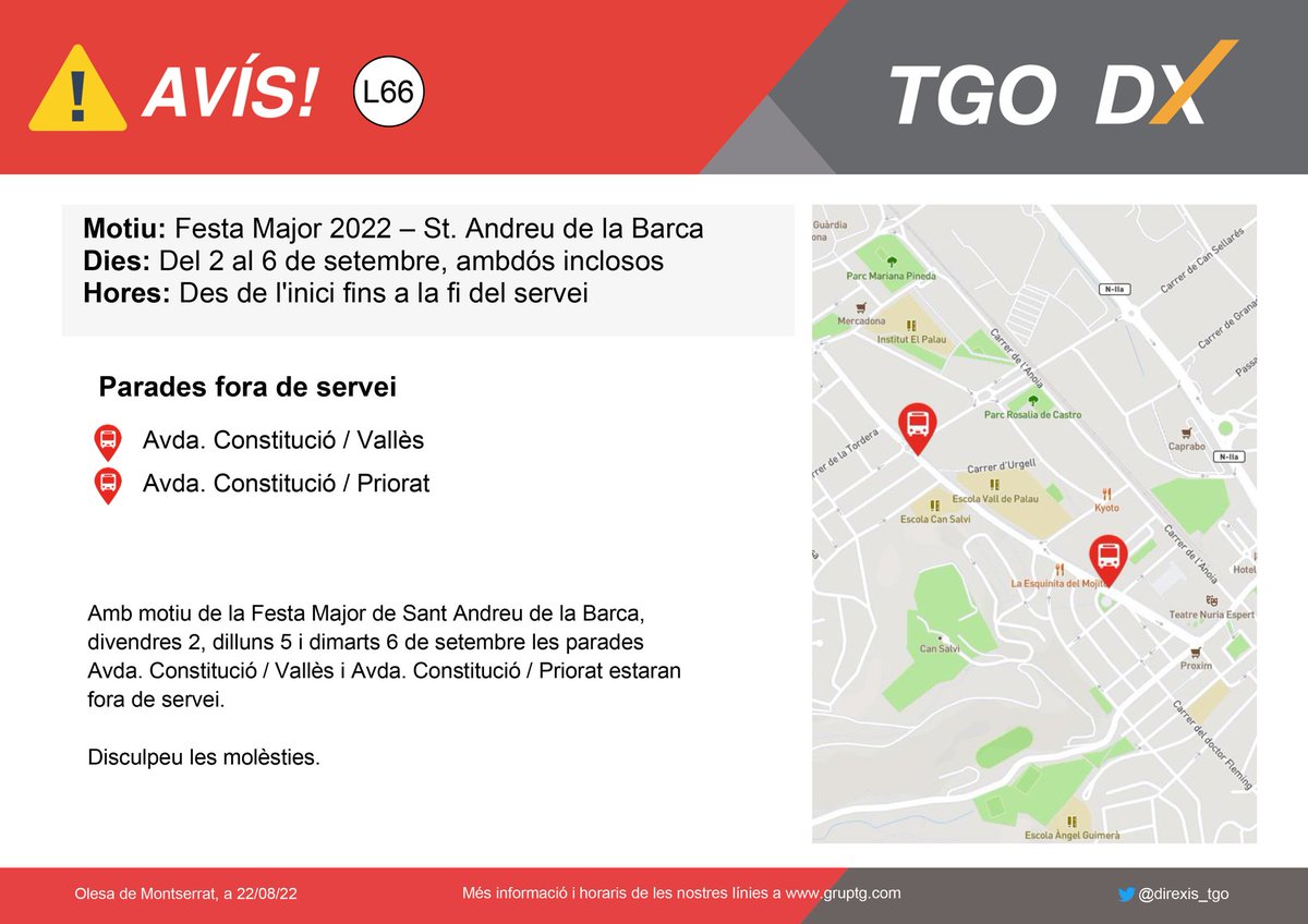 direxis_tgo's tweet photo. ⚠ Atenció #L66 #SantAndreudelaBarca
🗓 Del 2 al 6 de setembre
⛔ Parades fora de servei
Amb motiu de la Festa Major de
@Ajuntamentsab , les parades Av. Constitució/Vallès i Av. Constitució/Priorat estaran fora de servei.
Disculpeu les molèsties https://t.co/ISmpEk8sSe
