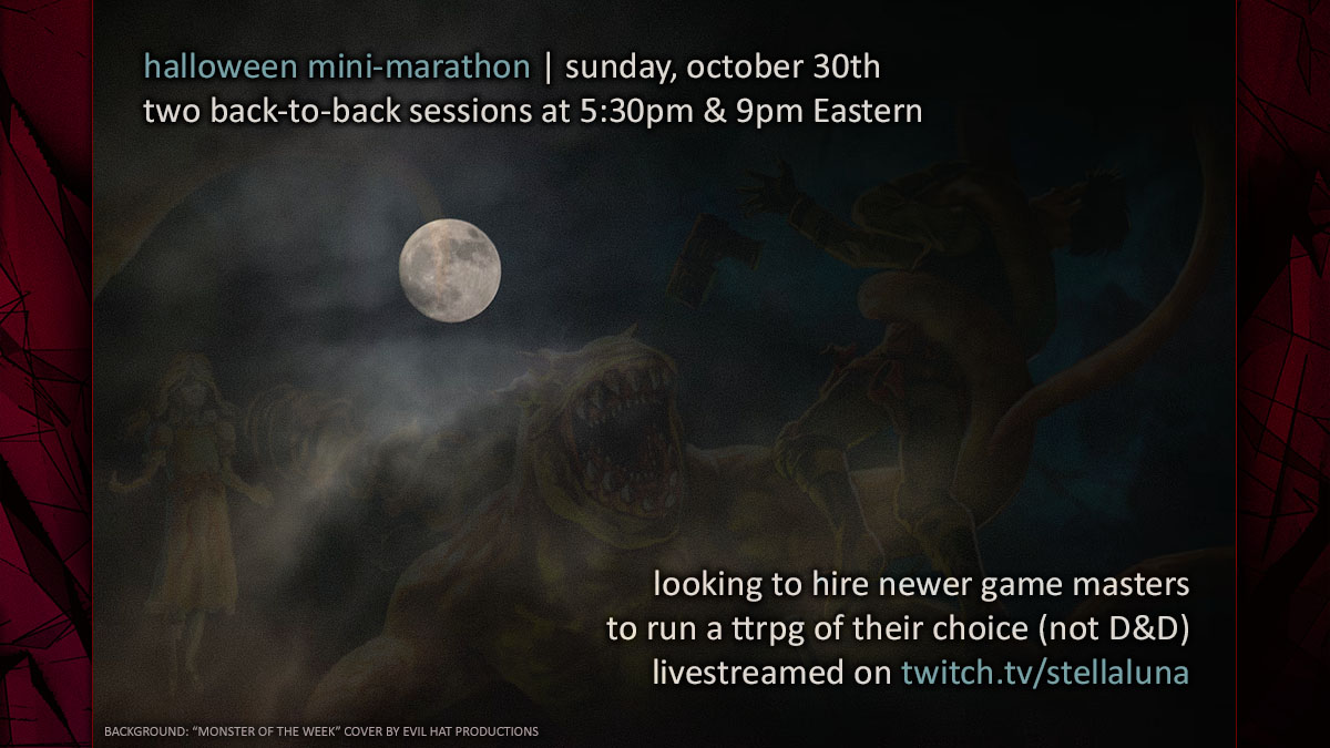 Looking to hire newbie GMs to run a TTRPG of their choice - paid opportunity - in a spooky mini-marathon on Sunday, October 30th on my channel. Casting for players in 2 weeks.

Apply: forms.gle/wf8rbfvvDu9YoU… 👻