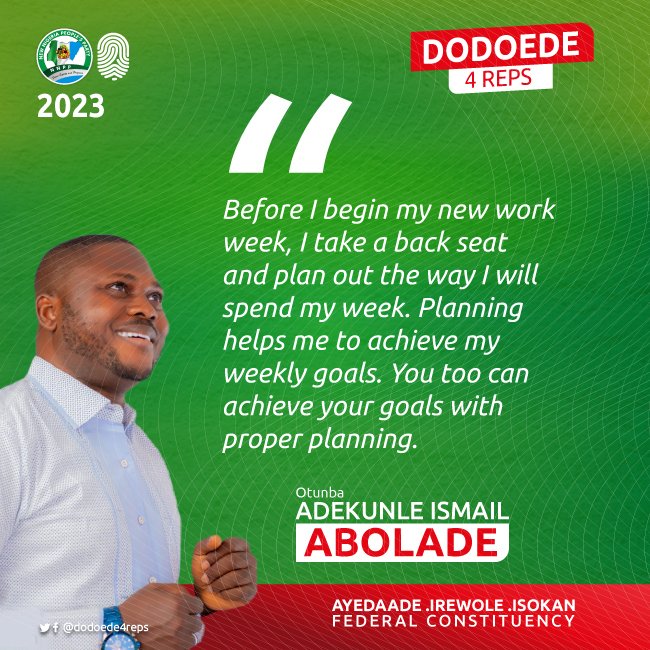 dodoede4reps's tweet photo. In order to achieve your long term goals, you need to first deal with the simplest goals (bits).

Your weekly goals are bits.

They will set you up for the bigger goals.

So, starting from this week, be planning your weekly goals.

#dodoede4reps https://t.co/5ejpQU1iwa