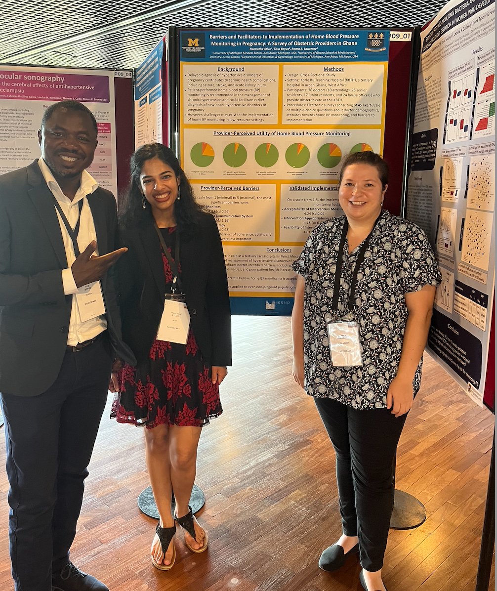 UM_GlobalOBGYN's tweet photo. At #ISSHP in #France, @NamrathaAtluri presenting provider perspective on home BP monitoring in #Ghana. Despite challenges, huge potential for earlier detection of #preeclampsia @UMGlobalreach https://t.co/b1AB4c8z0c