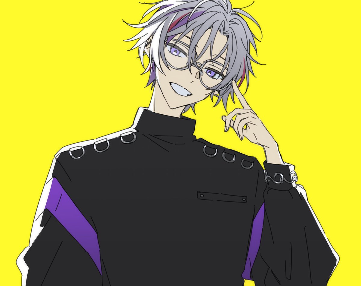 1boy male focus yellow background purple hair purple eyes solo glasses  illustration images
