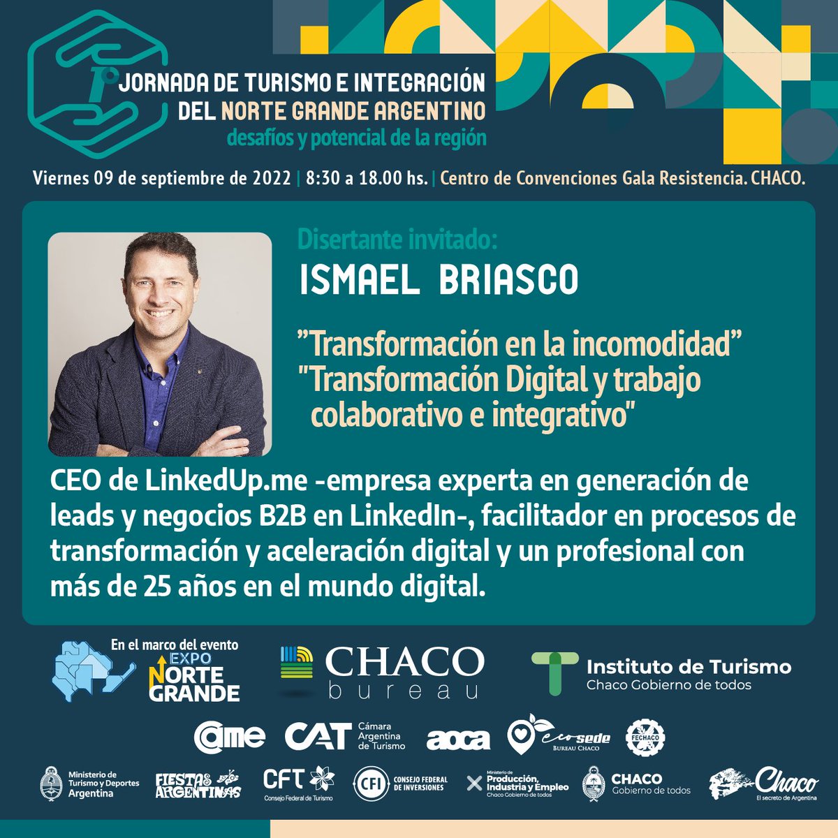 BureauChaco's tweet photo. 👉🏻Transformación en la Incomodidad 🤯
Sumate a una charla que va a abrirte la mente y que tendrá lugar en la #1JornadadeTurismoeInnovacion del Norte Grande Argentino 💪
 Este VIERNES 09 DE SEPTIEMBRE a las 8.30 te esperamos para aprender junto a @briascoi 💪 https://t.co/aNl4wx5RBb
