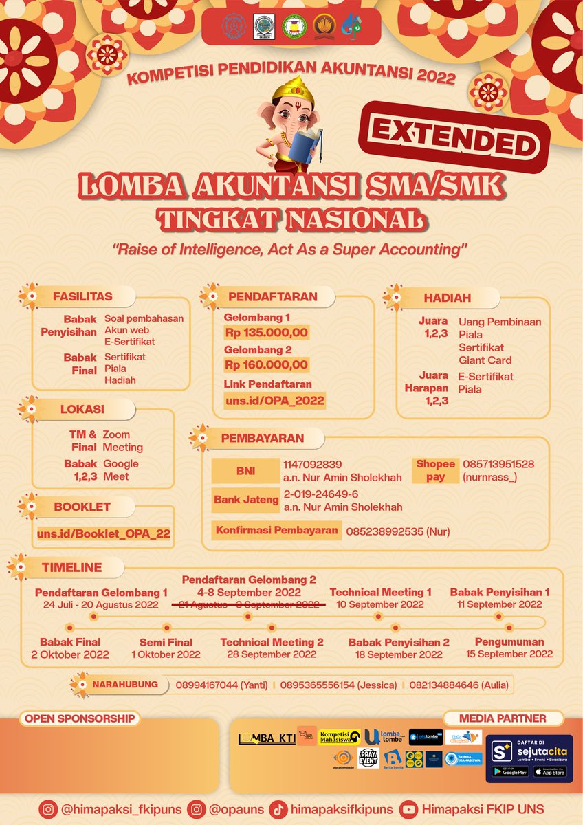 opauns_'s tweet photo. @radenrauf 🎉 OPA UNS 2022 🎉

OPA UNS merupakan sebuah 
kompetisi bidang akuntansi untuk siswa-siswi SMA/SMK/MA/MAK Sederajat yang tahun 2022 ini dilaksanakan di tingkat nasional.

🔗Link Pendaftaran
https://t.co/6BAJSEXt5j

🔗Link Booklet
https://t.co/sZW7uJaDAZ

#OlimpiadeAkuntansi https://t.co/7llo1FNjLr
