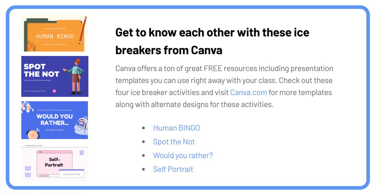 jmattmiller's tweet photo. Looking for some ice 🧊 breakers for those first few days of school? 
Canva has some fantastic, customizable, ready-to-use activities for you!

Get links to these four 🧊ice breaker activities along tons of other ideas in our Back to School post⬇️

https://t.co/KkEkzuwPyB https://t.co/y5cpCCIc8P
