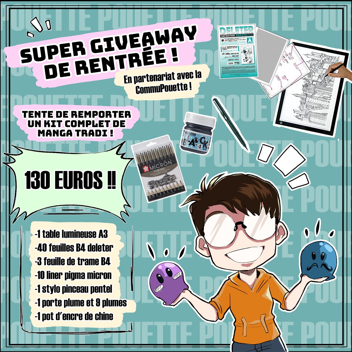 CharlotteJoriot's tweet photo. Qui dit rentrée, dit Giweaway ! Et grâce à la @CommuPouette nous vous offrons la chance de remporter un magnifique kit pour faire du manga, sélectionné par mes soins !✨

Pour participer :
🌻Follow @CommuPouette et @CharlotteJoriot 
❤️Like ce tweet
🔃 RT le post

Bonne chance ! https://t.co/LvHwiFiCvO
