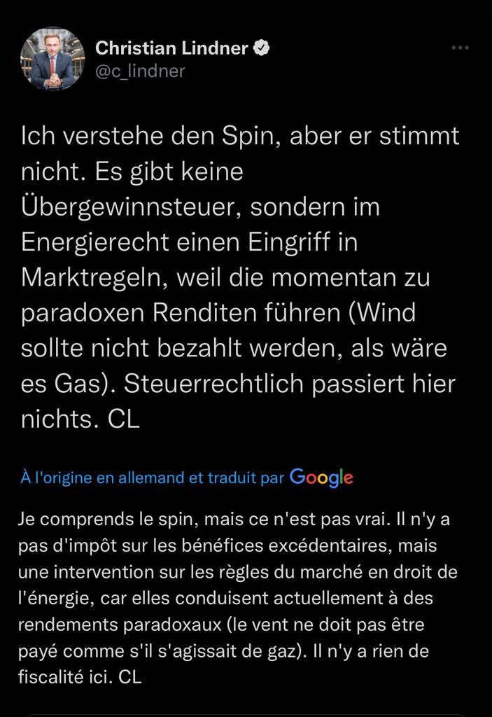 Encore faux ! L’Allemagne a décidé de mettre en place une contribution obligatoire des énergéticiens, qui existe déjà en France et qui rapporte plusieurs milliards €. <a href="/c_lindner/">Christian Lindner</a> a confirmé qu’il n’y aurait aucune nouvelle taxe dans le nouveau paquet d’aides allemand.