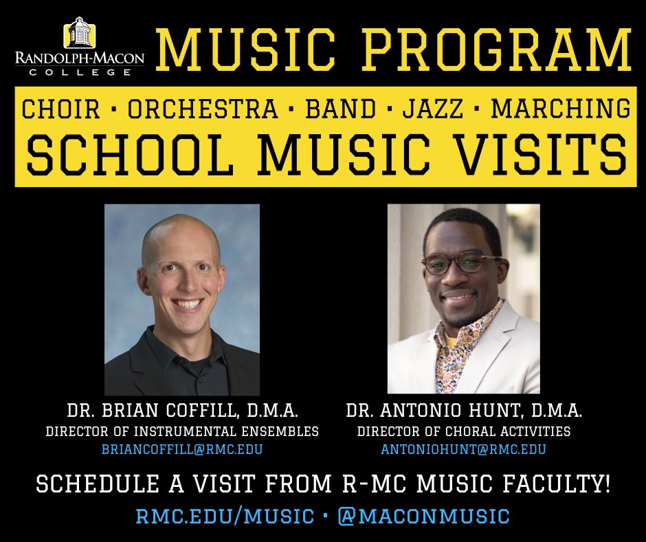Calling all music educators - <a href="/RandolphMacon/">randolphmacon</a> College’s choral and instrumental directors want to visit your school!
Contact briancoffill@rmc.edu or antoniohunt@rmc.edu to schedule your visit this fall.
CC: <a href="/RMCAlums/">Randolph-Macon Alums</a> @rmcadissions