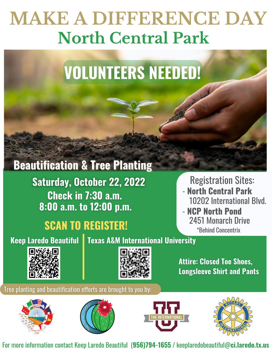 cityoflaredo's tweet image. Save the Date! Make a Difference Day is coming in October and volunteers are needed!
Registration has opened up 💚 100 trees to plan plus Beautification to North Central Park.
💻 sign up through eventbrite.com/e/400796813057
#keeplaredobeautiful #keeptexasbeautiful #fallsweep