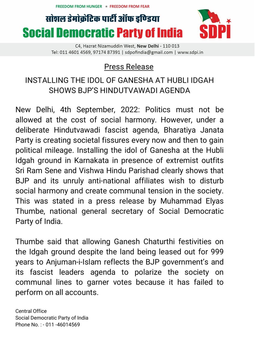sdpofindia's tweet photo. Installing the idol of Ganesha at Hubli Idgah shows BJP’s Hindutvawadi agenda
@ElyasThumbeSDPI #IdgahMaidan https://t.co/zBli3rvkjB
