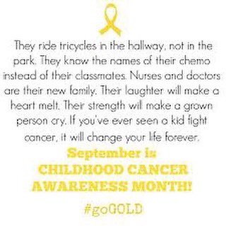 September is Childhood Cancer Awareness Month! Did you know…1 in 285 children in the US will be diagnosed with cancer before their 20th birthday. #gogold 🎗✨