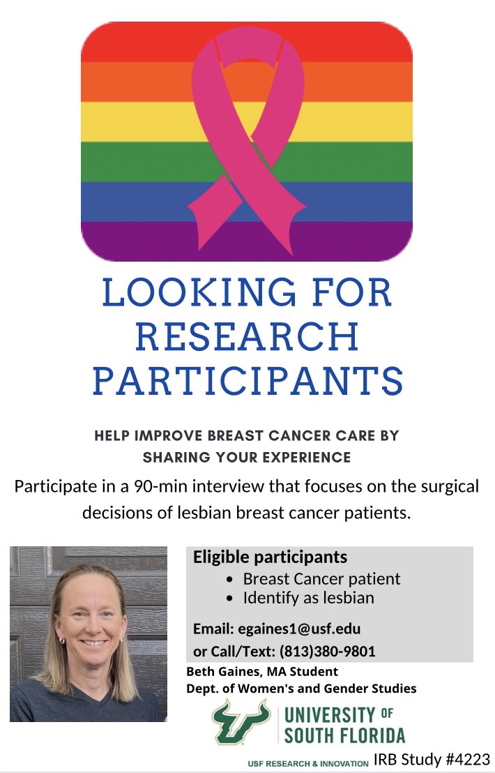 BethGainesUSF's tweet photo. CALL FOR RESEARCH PARTICIPANTS! #breastcancer ##mastectomy #reconstruction #goflat #LGBTQ #research ππ Please share. https://t.co/qXDHHPJCTx