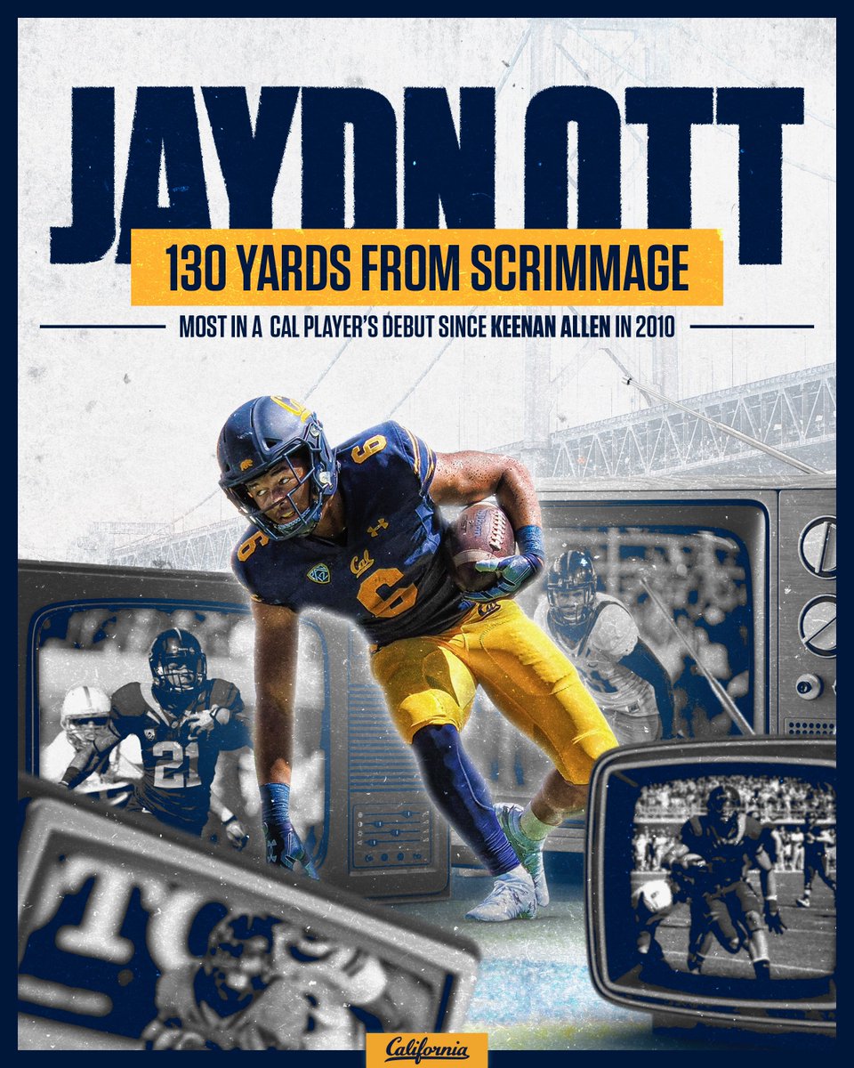 One for the record books. ✍️

Ott’s 130 yards from scrimmage (rushing and receiving) are the most by a player in his Cal debut since Keenan Allen had 158 yards from scrimmage (38 rushing, 120 receiving) in his cal debut against UC Davis on Sept. 4, 2010.

#GoBears