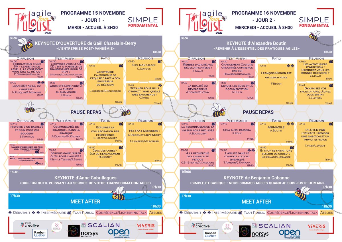🥁 Notre PROGRAMME est PRÊT 🥁
🐝 A découvrir 👇 ou 👉 : tour.agiletoulouse.fr 
➕ d’infos conf/atelier courant sept.
🎟 Achetez vos places : billetweb.fr/agile-tour-tou… 

L’#ATTLS22 a hâte de vous retrouver les 15 et 16 nov. à la Grainerie ♥️

#agile #simple #fondamental #Toulouse
