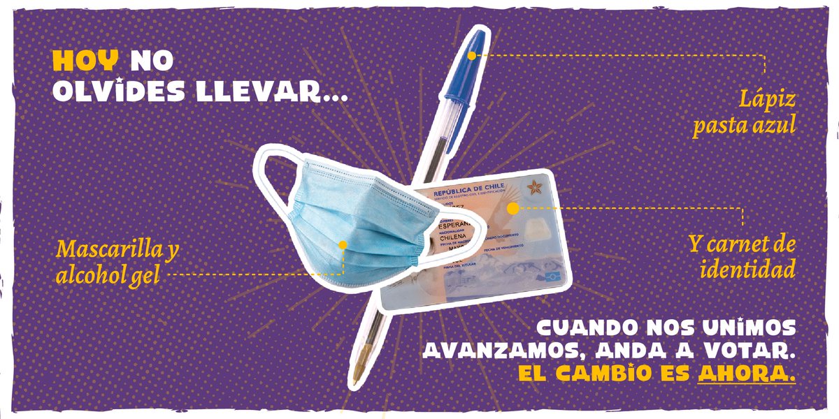 Tienes listas tus cositas para ir a votar? 👀

Recuerda que las mesas estarán abiertas hasta las 18:00hrs! Lleva tu lápiz azul, mascarilla y cédula de identidad! 🙌

Este domingo hacemos historia en las urnas 🗳 #ElCambioEsHOY 🇨🇱