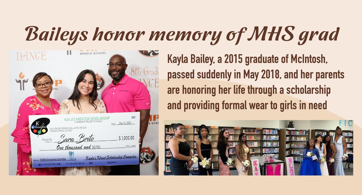 fcboe's tweet photo. Kayla Bailey, a 2015 graduate of McIntosh High, passed away suddenly in May 2018, and her parents are honoring their daughter’s life through a scholarship and providing formal wear to girls in need.  https://t.co/2ylCk1nq82 https://t.co/5D5SpWVNZP
