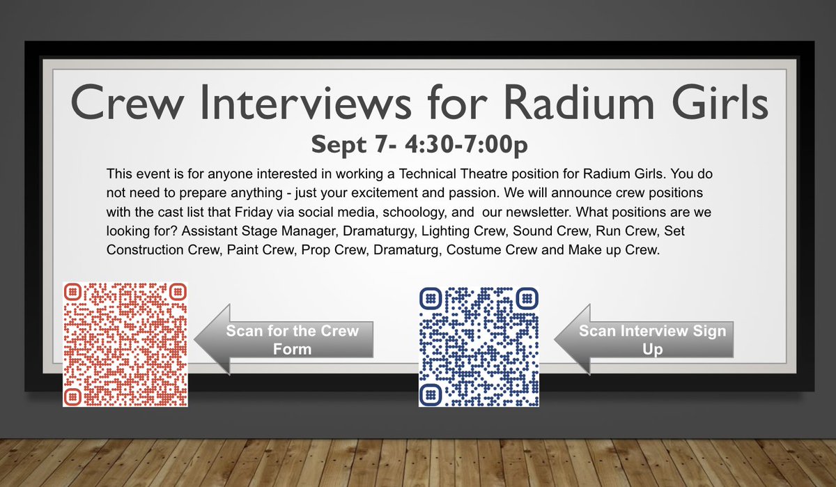 Auditions and Crew Interviews for Radium Girls this upcoming week! Don't forget to sign up. ⌛⏱️☢️