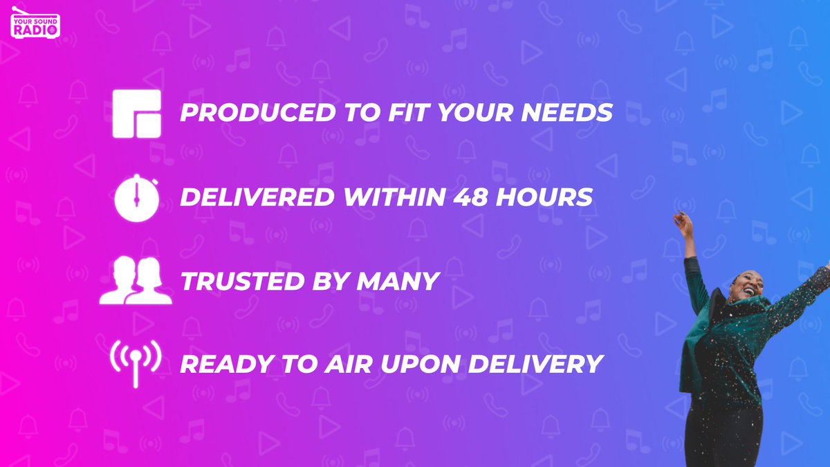 YSRimaging's tweet photo. Why choose YourSoundRadio?

✅Produced to fit your needs
✅Delivered within 48 hours
✅Trusted by many
✅Ready to air upon delivery

Learn more at: https://t.co/LWONWs8bnx https://t.co/1veXvcAoYZ