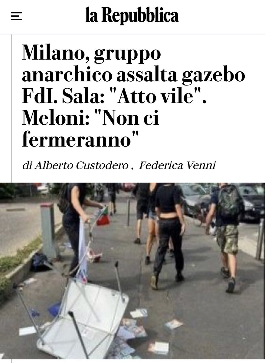 Gli avversari si sconfiggono nel #dibattito, illustrando il perché le proprie proposte siano le migliori. I metodi squadristi vanno bene per i mentecatti.
Assaltare un #gazebo è un atto vergognoso, sempre e comunque.