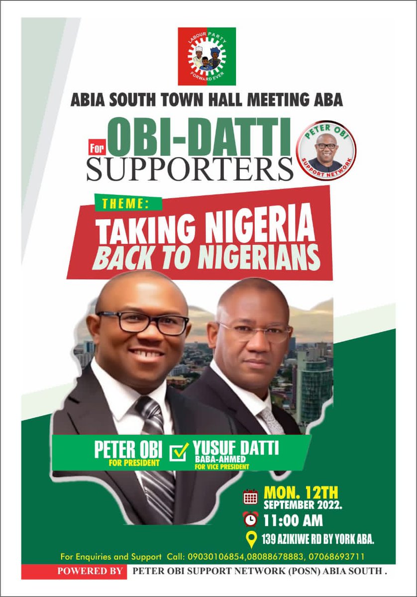 RealChideraBN's tweet photo. #Aba_Town_Hall_Meeting
For @peterobi
#Few_days_to_go https://t.co/atCZHm8duZ