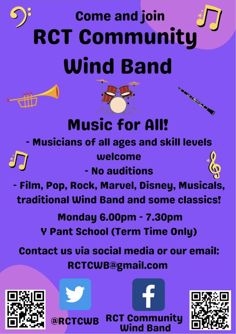 RCT Community Wind Band are looking for Brass/Woodwind/Percussion players of all ages and abilities to come along and enjoy playing music together in a friendly environment! New term starts Monday 12/9. If you require any further information, please get in contact with us 🎶