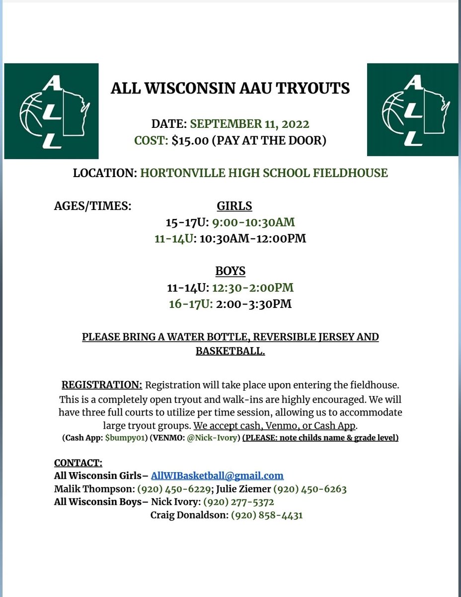 ALL_WISCONSIN's tweet photo. A 2nd tryout for those that missed the first one. Register at the door!!! https://t.co/idS2cNqewA