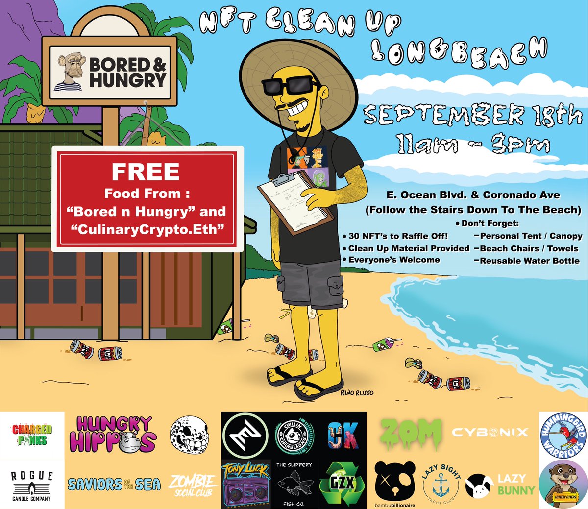 Official Flyer for #NFTCleanUp Long Beach Re-Roll

- FREE Food from <a href="/BorednHungry/">Bored & Hungry | Home of America's Best Burger</a> &amp; <a href="/CulinaryCrypto/">Justin Lewis🐧✳️👨‍🍳🔪</a>!
- 30 NFT's being Raffled off (25 at LBC, 5 for Local/Global Challenge).
- 20 Sponsors Involved
- Help Clean Mother Nature

Last Clean Up in LBC:
youtu.be/5ibh6AyRbIA

LFG! 🧹🏖️