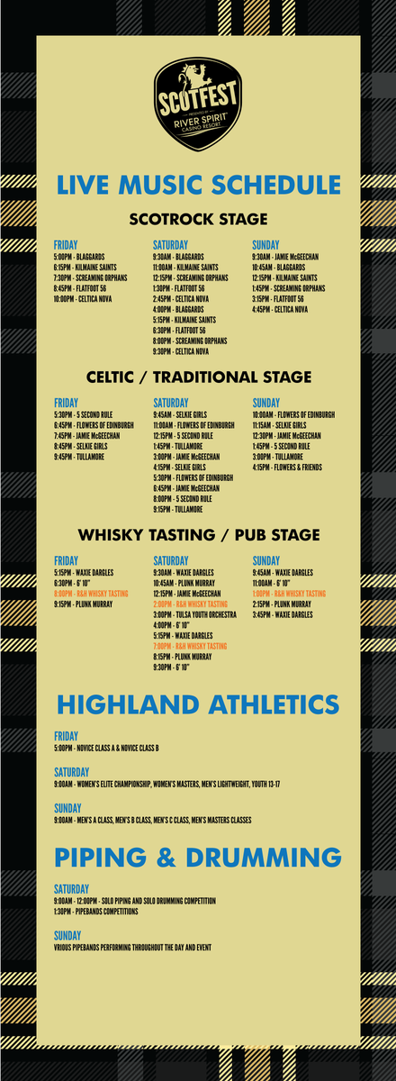 OKScotFest's tweet photo. The long awaited EVENT SCHEDULE is finally here!
https://t.co/tiuagRlhJg
#scotfest #livemusic #celticanova #screamingorphans #flatfoot56 #kilmainesaints #blaggards #tullamore #flowersofedinburgh #jamiemcgeechan #selkiegirls #5secondrule #610 #plunkmurray #waxiedargles #festival https://t.co/ks9Y5owoPR