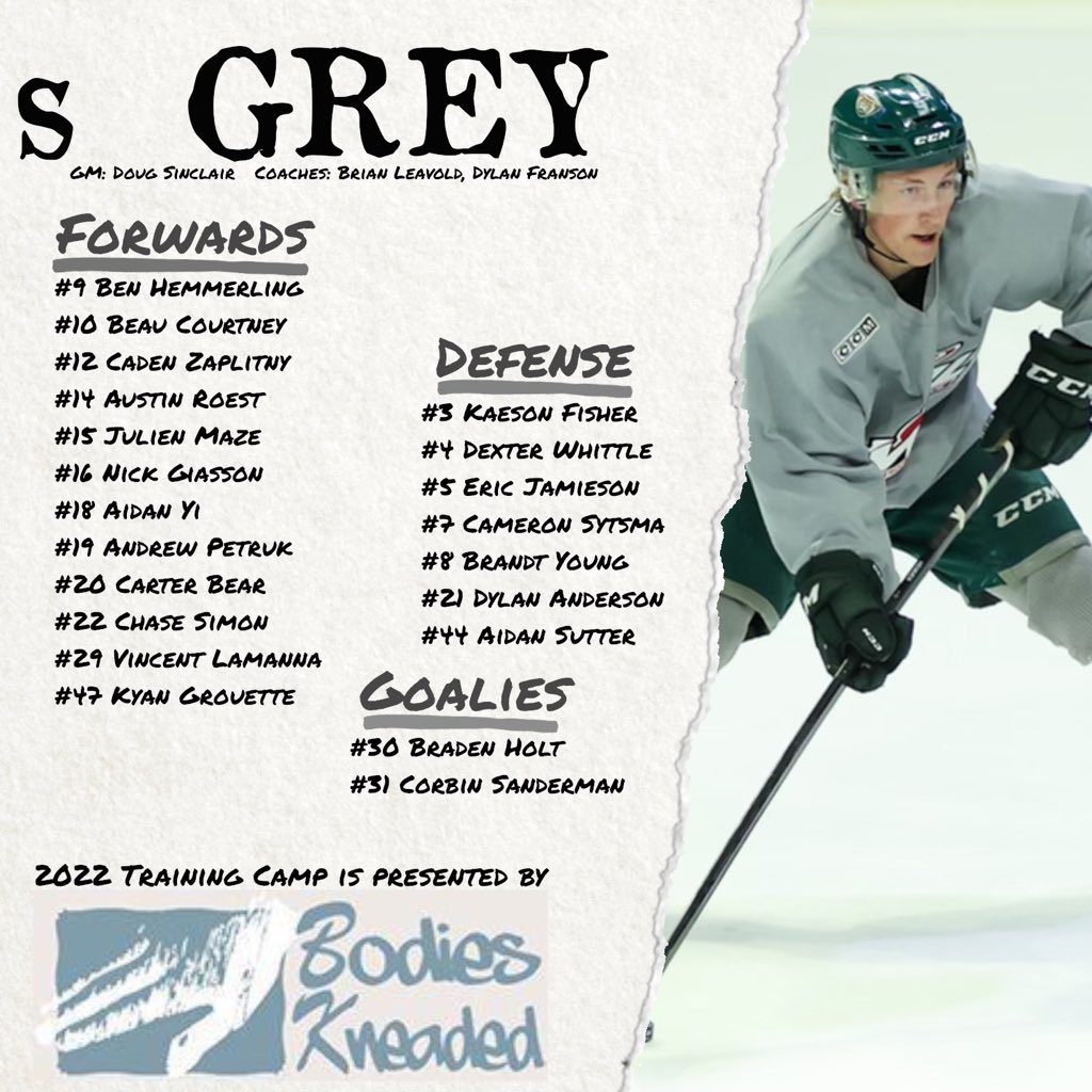 WHLsilvertips's tweet photo. It’s Green vs Grey Day!

Here are the rosters for the final Training Camp showcase at AOTW. Puck drop at 10am.

#TipsCamp x @bodieskneaded https://t.co/ARZN7rnWzl