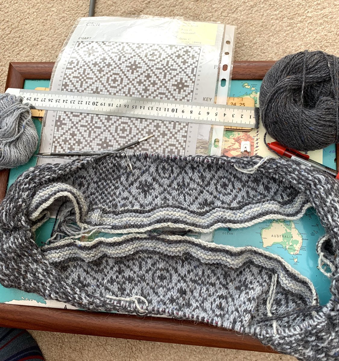 Brackens1's tweet image. Not sure about the garter stitch border.
The checkerboard strip is the steek ,where I’ll cut the knitted tube open to make a cardigan. 
#steek #knittingTwitter #strandedknitting