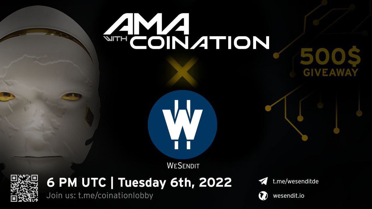 WeSendit's tweet photo. We are proud to present AMA with #COINATION on Tuesday at 6:00 PM UTC

Tune into https://t.co/qVA9LLiGjN where we will be hosting the AMA.

$500 will also be given away during the AMA to best questions &amp; random listeners. 

*AMA will be in German

See you all there! https://t.co/J3DVDwOxUK