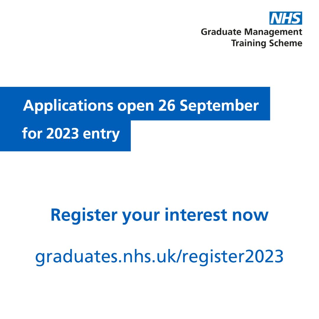 Applications open for 2023 entry on 26 September.  

We’re recruiting 250 trainees - with placements available across England.  

Find out more about our specialisms and benefits - and register your interest now.  

graduates.nhs.uk   

#gradjobs  #nhsjobs