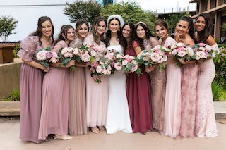 RuthSpirer's tweet photo. We love the tones of these bridesmaid dresses in shades of rose. They are similar in palette but vary in style and texture. Each dress is a beautiful backdrop for the lush floral bouquets created by @LizzieBeesFlowerShoppe in pink and blush roses and eucalyptus. https://t.co/99ZQWUbpjZ