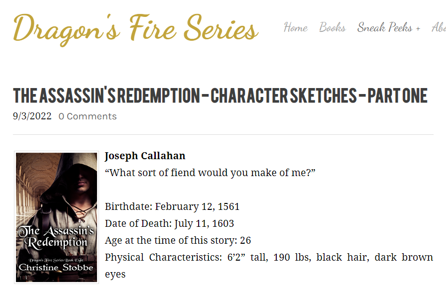 StobbeChristine's tweet photo. New blog post on my website! This month, I'm sharing character sketches for Book Eight, The Assassin's Redemption. Check it out at https://t.co/OvsZu02vCD
#bookblog #blog #SundayFunday #bookseries #bookbonus https://t.co/WedcDTOwaO