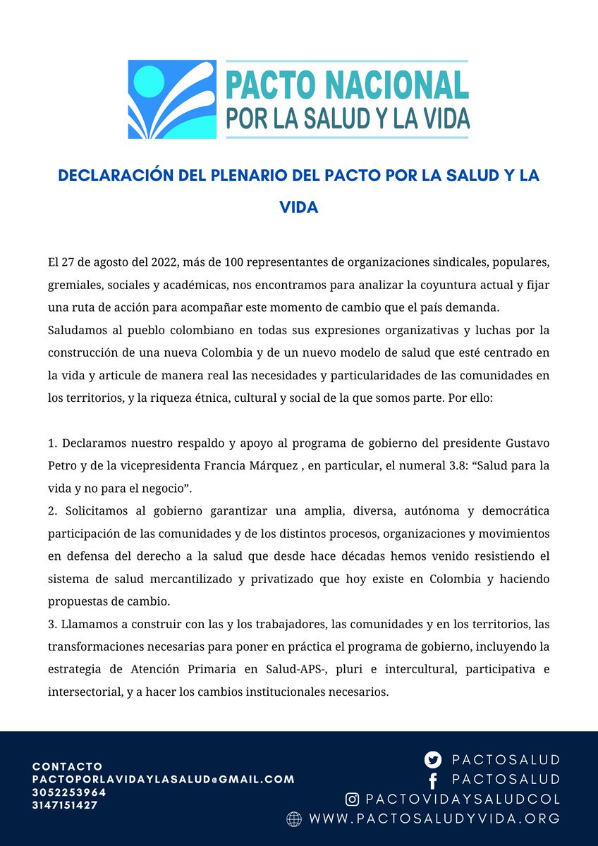 PactoSalud's tweet photo. Declaración del plenario del pacto por la salud y la vida del plenario realizado el pasado 27 de agosto de 2022 https://t.co/opBYEFJxoj