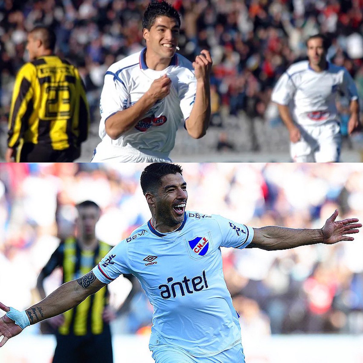 Juezcentral's tweet photo. Foto de arriba: año 2006. Lucho Suárez le anota a Peñarol con Nacional, en el Clásico Uruguayo. 
Foto de abajo: Hoy. 16 años después, se repite la foto y el momento. Tremendo el Pistolero. https://t.co/IAnNR5ntFz