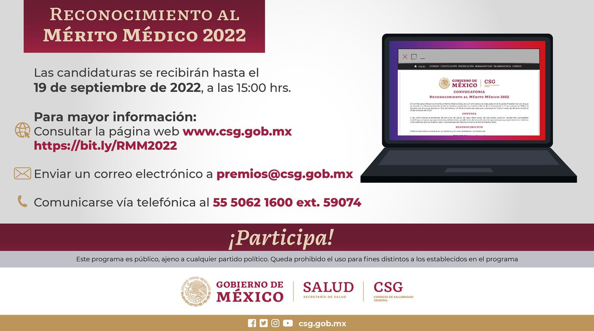 SSalud_mx's tweet photo. Convocatoria Reconocimiento al #MéritoMédico2022 🩺

Se otorga a las médicas y médicos que se hayan distinguido por su profesionalismo,vocación de servicio o por sus aportaciones científicas, tecnológicas o sociales
!Participa!

➡️https://t.co/UbwbASvB4H
➡️https://t.co/yuQoXPBg8R https://t.co/7oc1g85pPt
